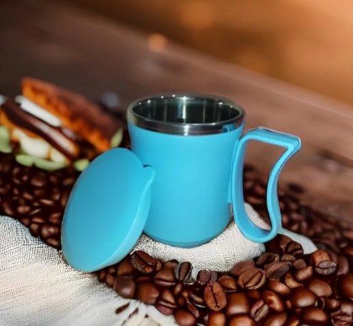 Coffee Mug with Lid and Handle-Plastic Covered Stainless Steel Mug (Random Color, Approx 200 ML)